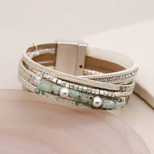 Pale Grey Leather and Aqua Bead Bracelet by Peace of Mind
